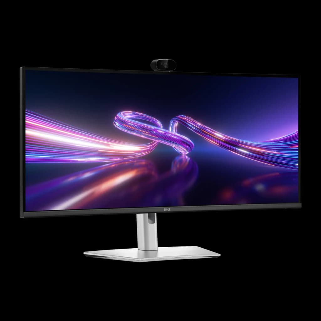 Dell Monitor P3426WEV 34" Negro, vista lateral: pantalla ultrawide curva con webcam integrada en bisel superior y base
