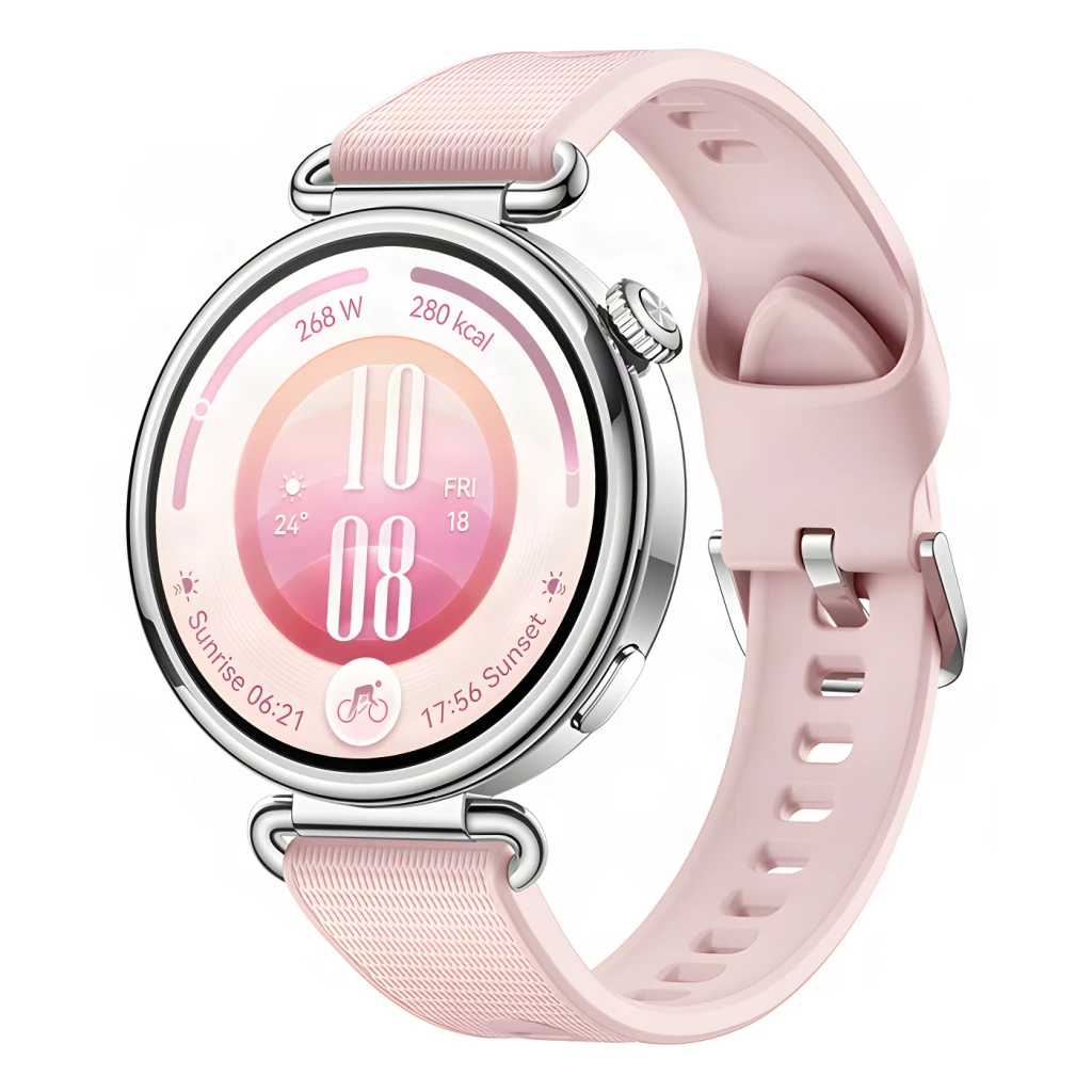 Huawei Watch GT 7 41mm Rosa, vista frontal em ângulo: caixa redonda prateada com bracelete rosa texturizado e coroa lateral