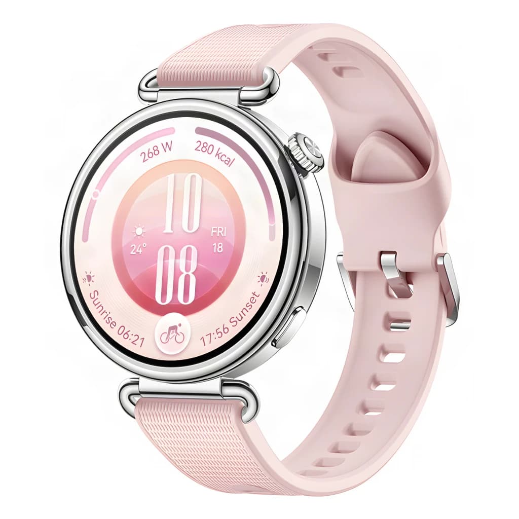 Huawei Watch GT 7 41mm Rosa, vista frontal em ângulo: caixa redonda prateada com bracelete rosa texturizado e coroa lateral