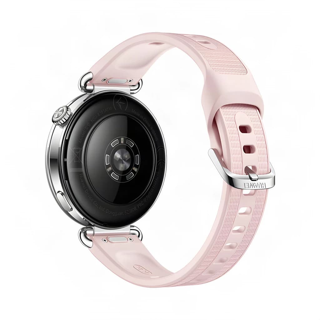 Huawei Watch GT 7 41mm Rosa, vista traseira: sensor de saúde, caixa prateada e bracelete rosa com fivela