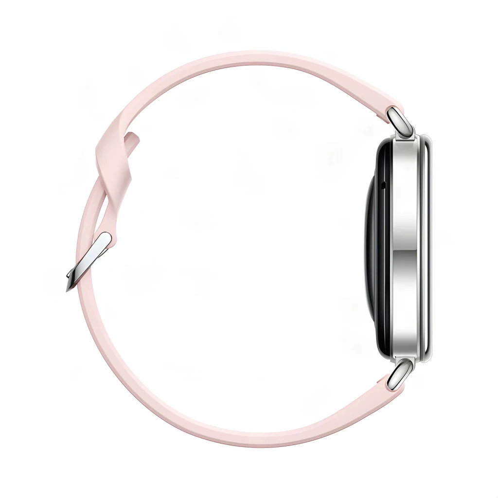 Huawei Watch GT 7 41mm Rosa, vista lateral: caixa prateada, bracelete rosa e perfil fino da caixa circular