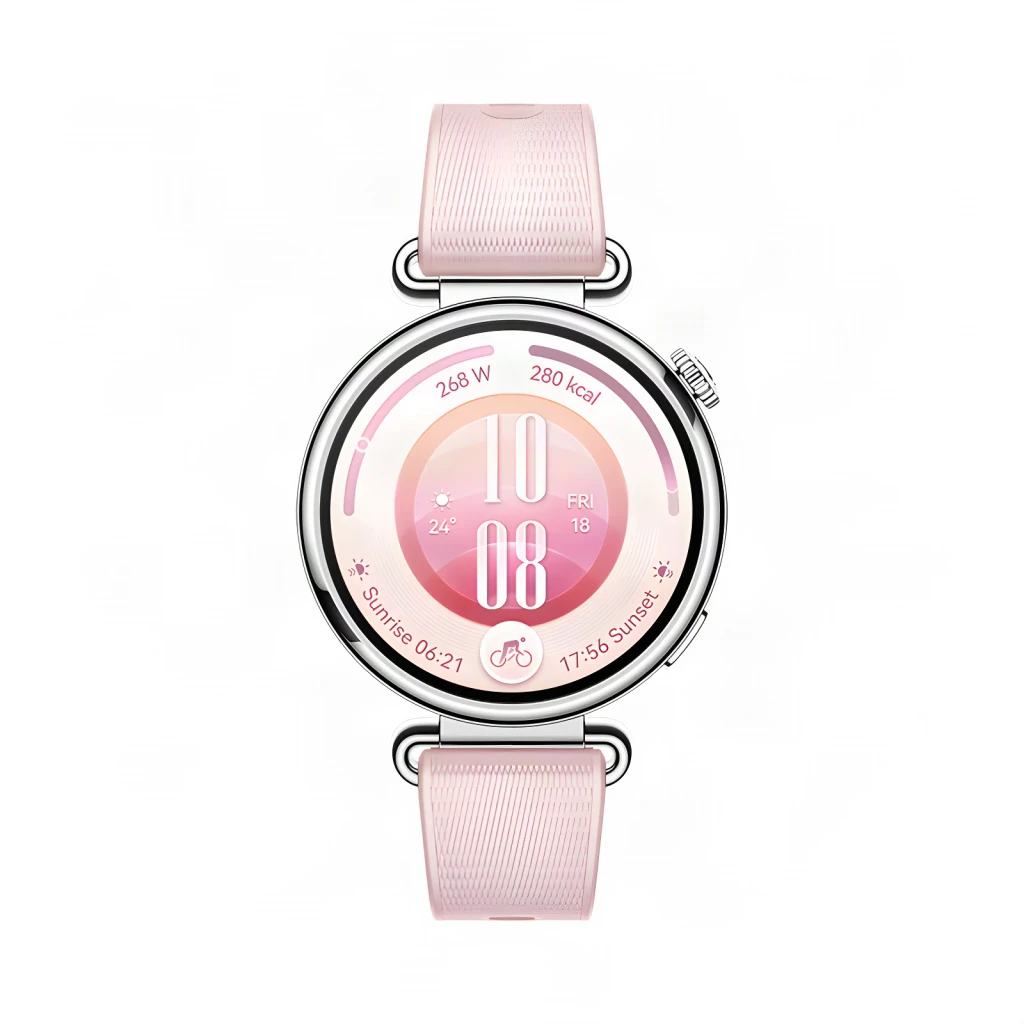 Huawei Watch GT 7 41mm Rosa, vista frontal: mostrador circular rosa com hora, calorias e bracelete rosa texturizado