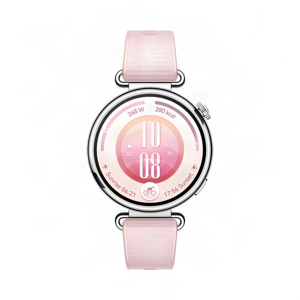 Huawei Watch GT 7 41mm Rosa, vista frontal: mostrador circular rosa com hora, calorias e bracelete rosa texturizado