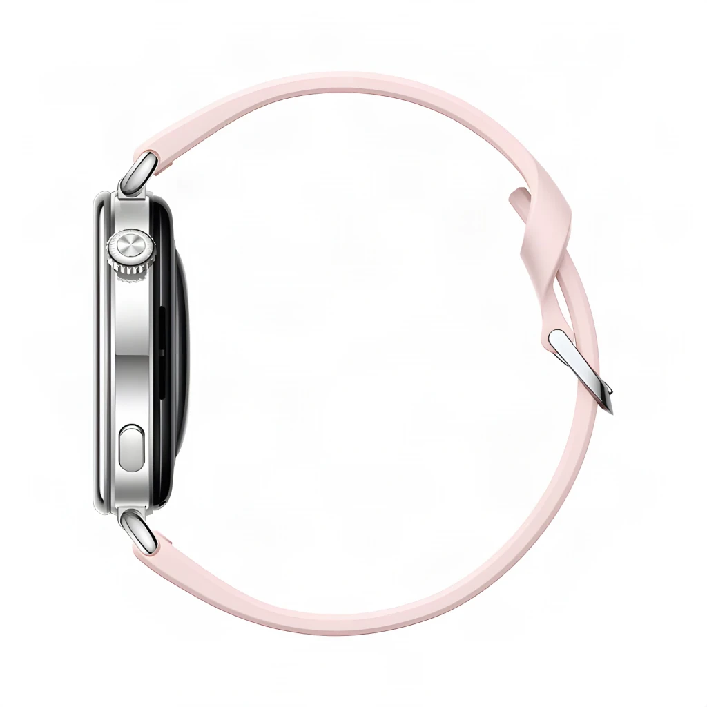 Huawei Watch GT 7 41mm Rosa, lateral: caixa prateada com coroa e botão, bracelete rosa com fivela prateada
