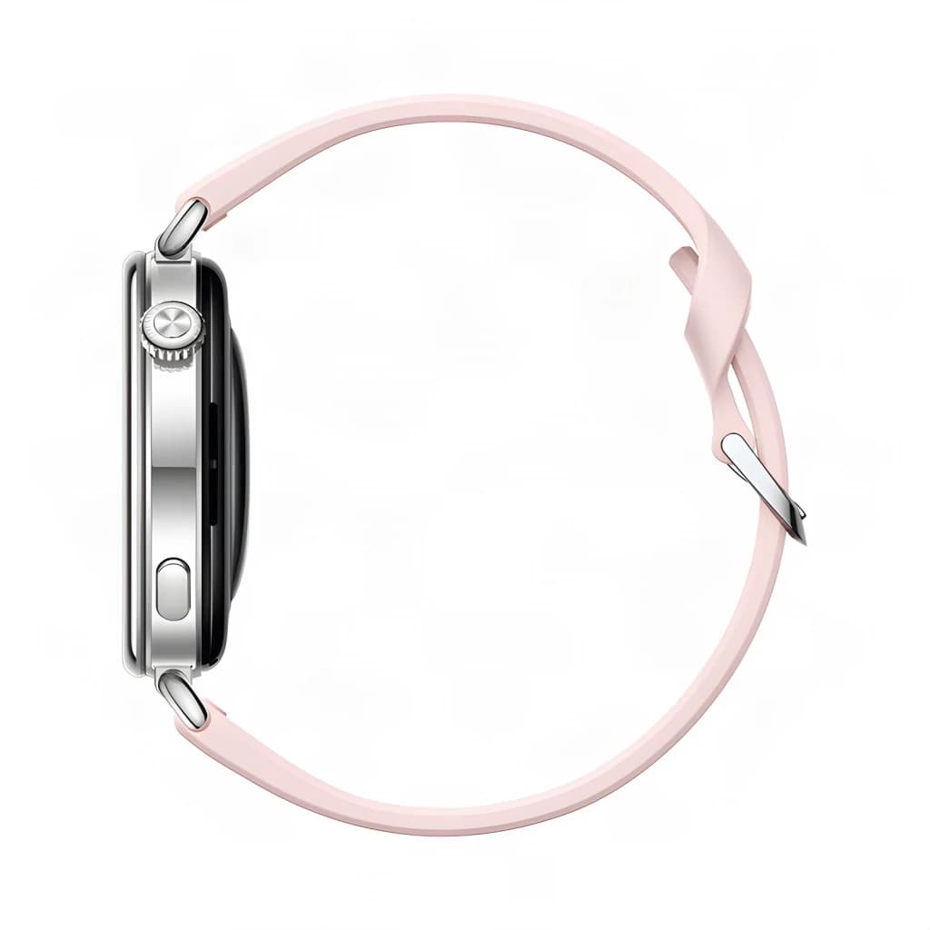 Huawei Watch GT 7 41mm Rosa, lateral: caixa prateada com coroa e botão, bracelete rosa com fivela prateada
