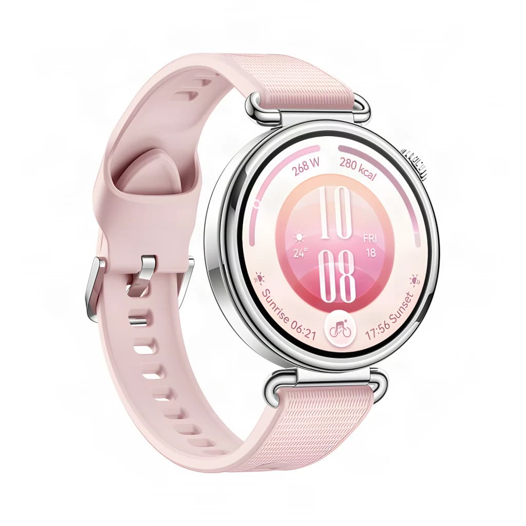 Huawei Watch GT 7 41mm Rosa, vista frontal em ângulo: ecrã redondo ativo com hora, bracelete rosa texturizada e caixa
