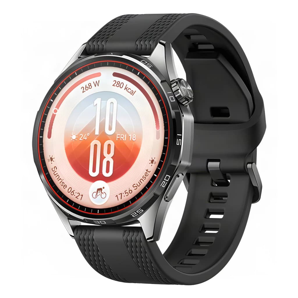 Huawei Watch GT7 46mm preto, vista frontal em ângulo: mostrador redondo ativo com dados fitness, coroa lateral e bracelete