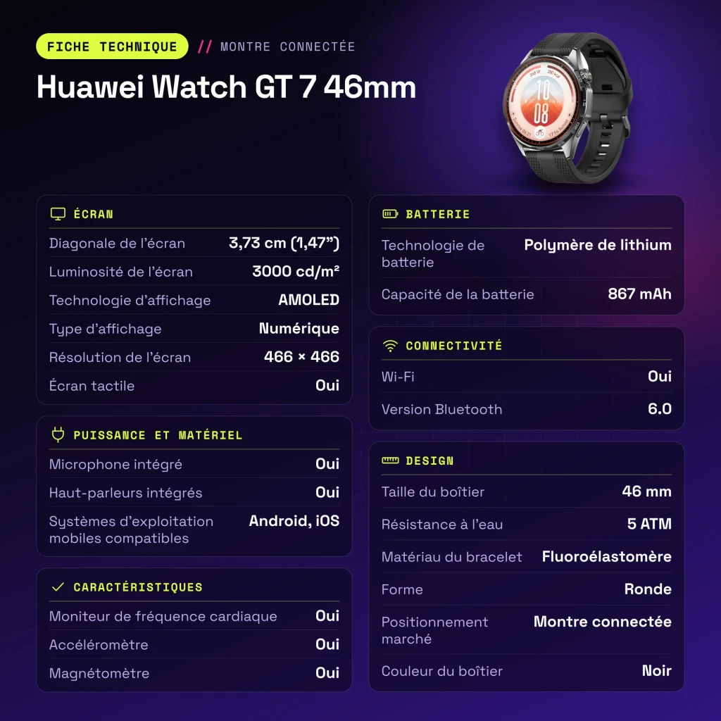Huawei Watch GT 7 46mm Preto NFC - características