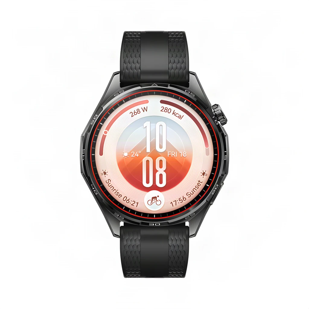Huawei Watch GT7 46mm Preto, vista frontal: mostrador redondo com gradiente laranja, dados fitness e bracelete preto