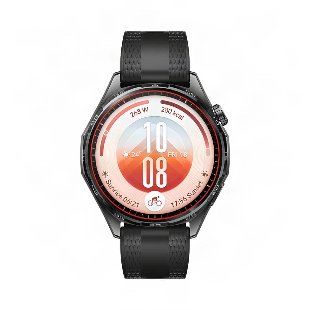 Huawei Watch GT7 46mm Preto, vista frontal: mostrador redondo com gradiente laranja, dados fitness e bracelete preto