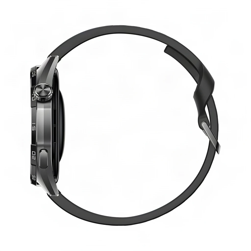 Huawei Watch GT7 46 mm preto, vista lateral: coroa giratória, botão lateral e bracelete de silicone preto