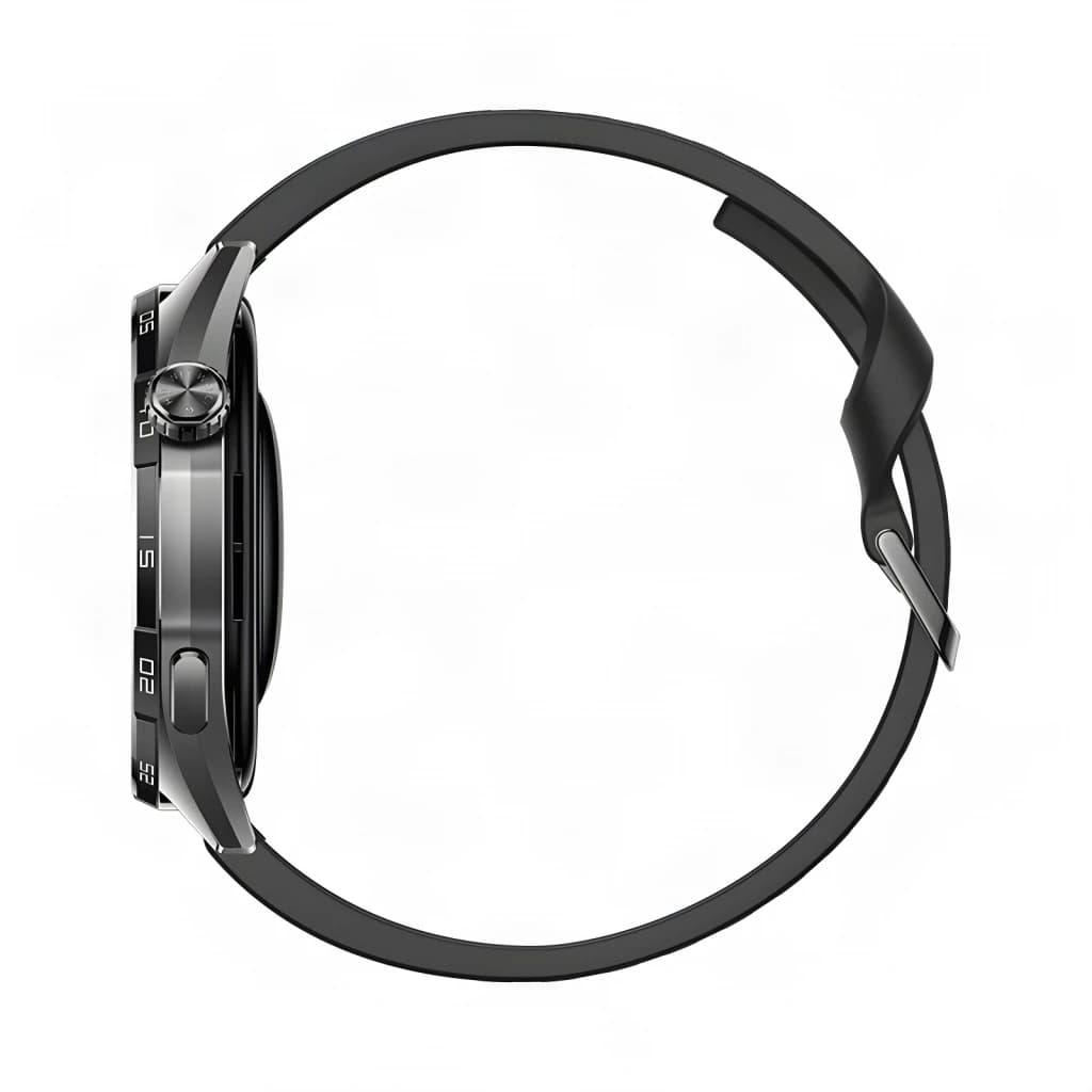 Huawei Watch GT7 46 mm preto, vista lateral: coroa giratória, botão lateral e bracelete de silicone preto