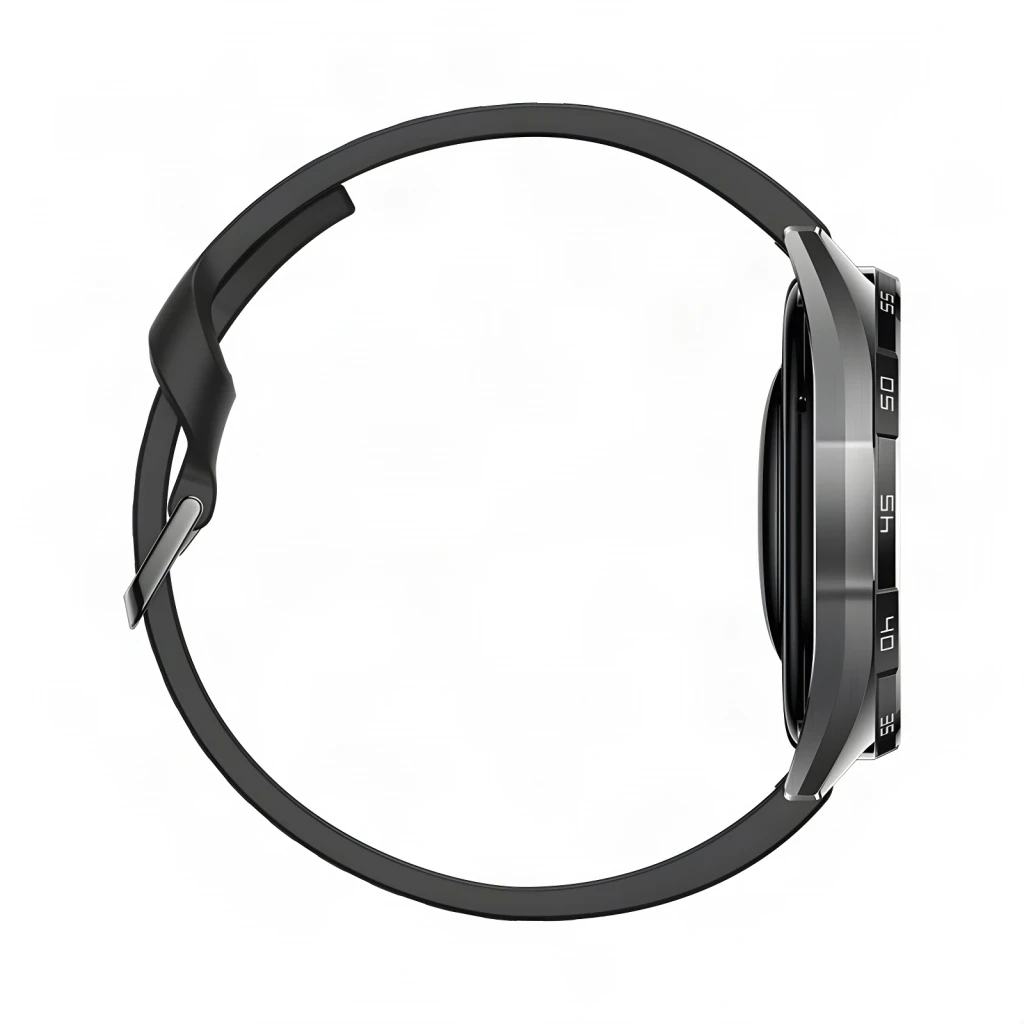 Huawei Watch GT7 46mm Preto, vista lateral: moldura metálica com marcações de minutos e bracelete preto de silicone