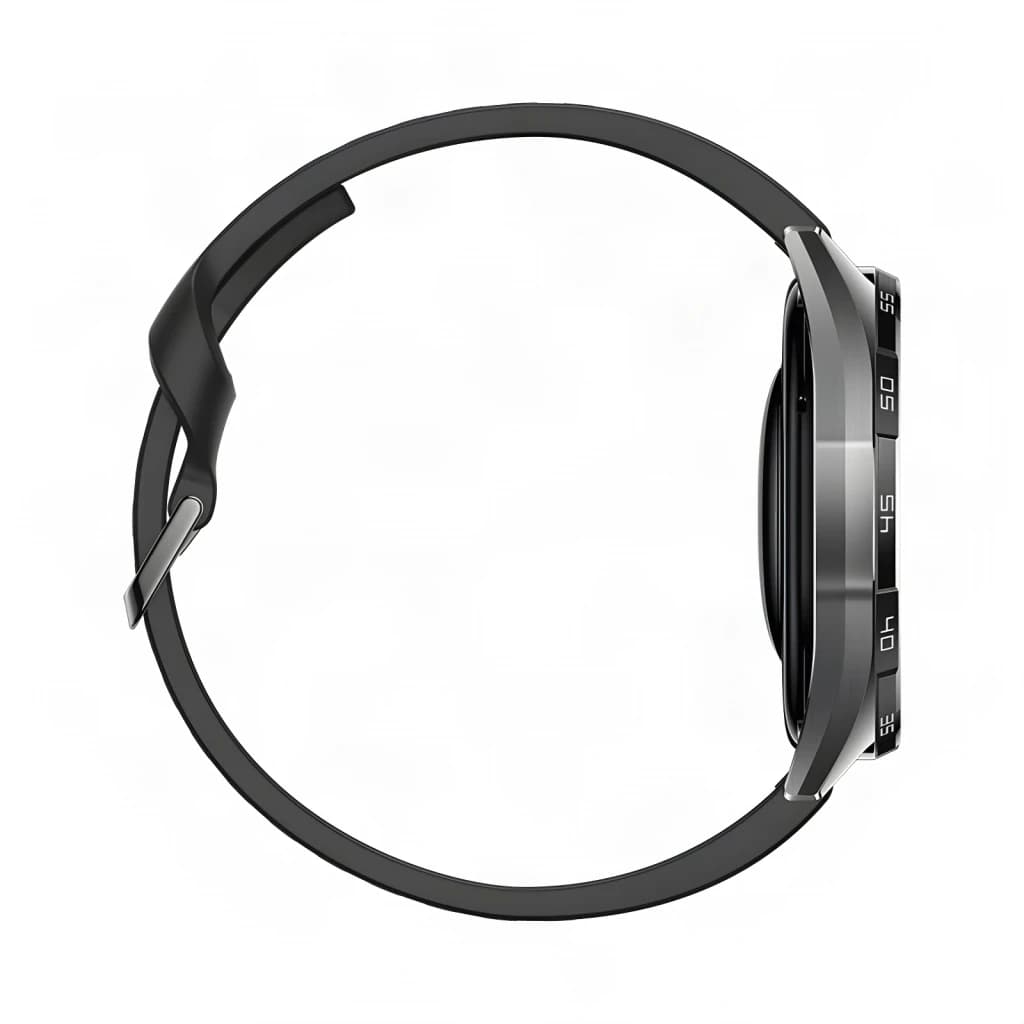 Huawei Watch GT7 46mm Preto, vista lateral: moldura metálica com marcações de minutos e bracelete preto de silicone