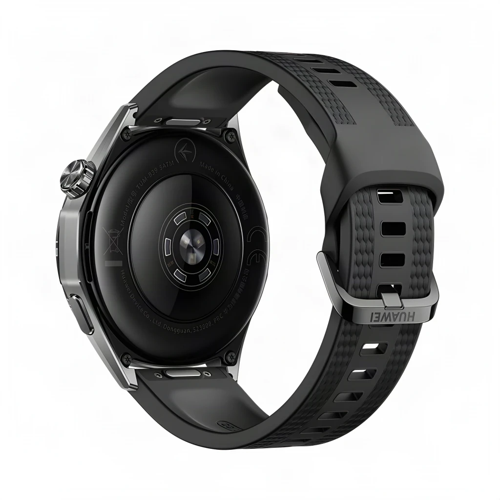 Huawei Watch GT7 46mm Preto, vista traseira: sensor de saúde, caixa metálica e bracelete preto com fivela Huawei