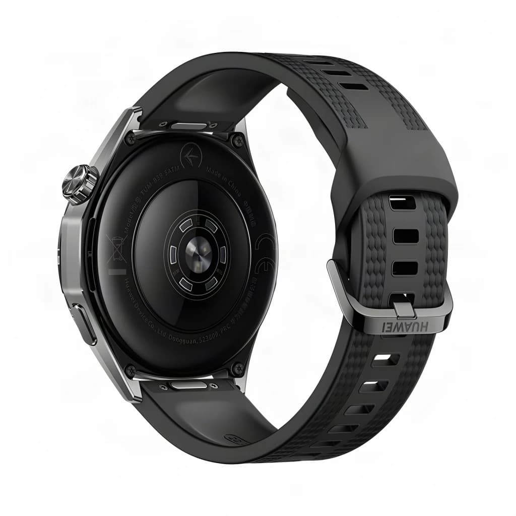 Huawei Watch GT7 46mm Preto, vista traseira: sensor de saúde, caixa metálica e bracelete preto com fivela Huawei