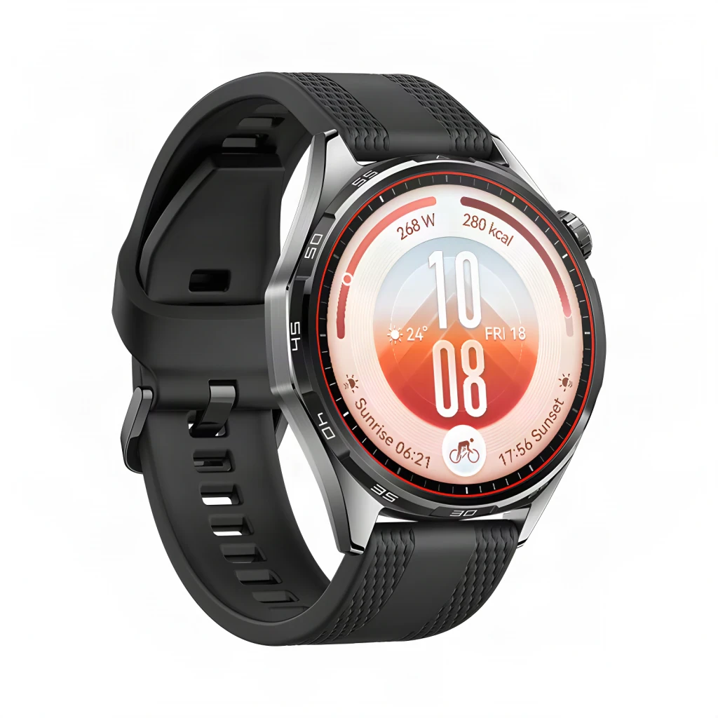 Huawei Watch GT7 46mm Preto, vista em ângulo: mostrador redondo com carátula laranja, moldura prateada com anel vermelho