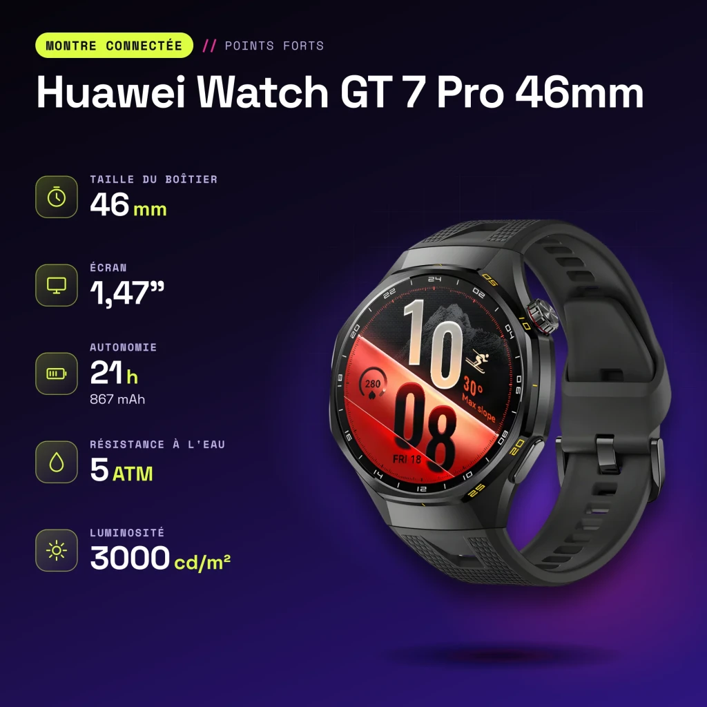 Huawei Watch GT 7 Pro 46mm Noir NFC - caractéristiques