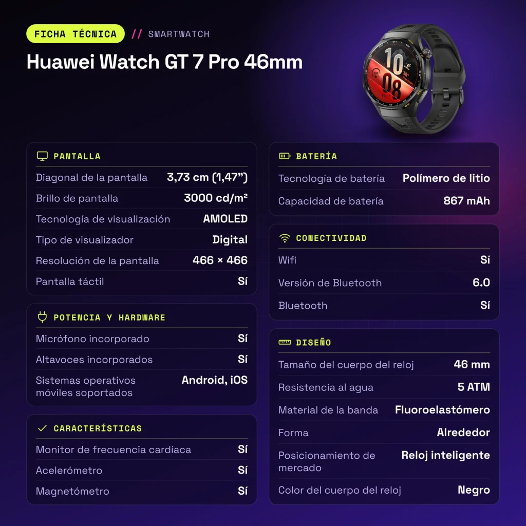 Huawei Watch GT 7 Pro 46mm Noir NFC - caractéristiques