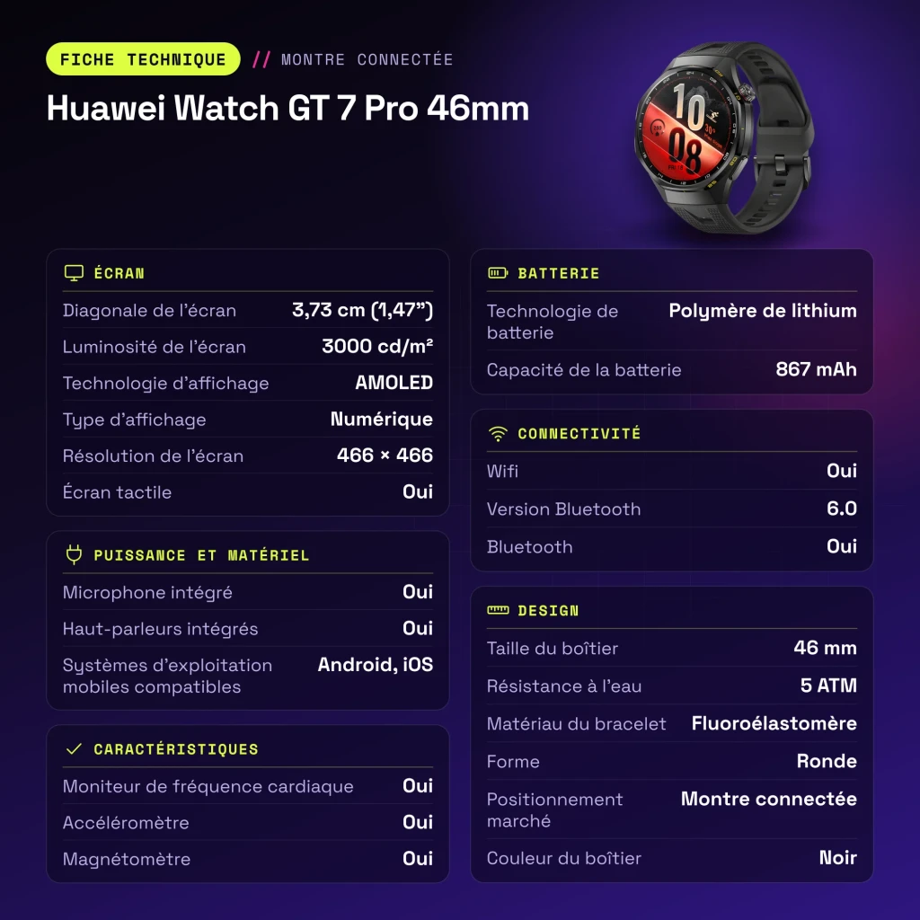 Huawei Watch GT 7 Pro 46mm Noir NFC - caractéristiques