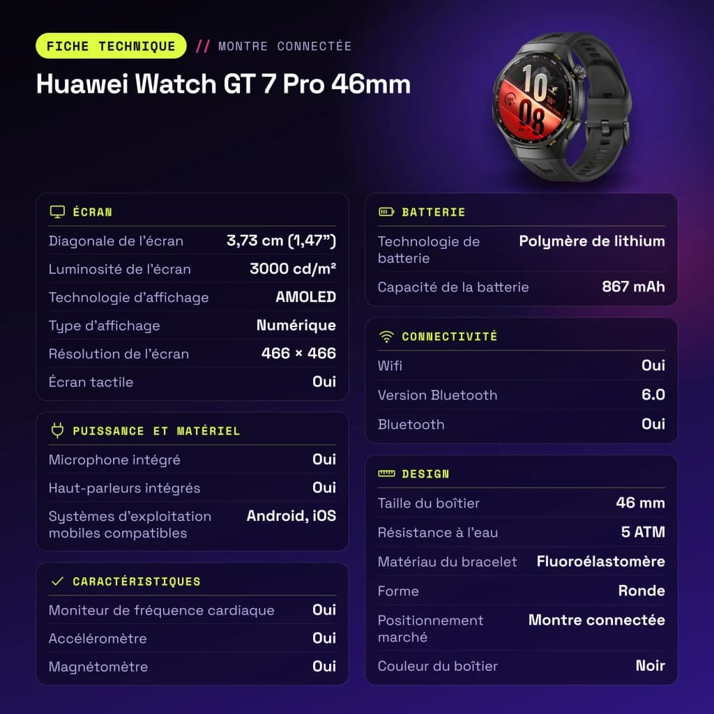 Huawei Watch GT 7 Pro 46mm Noir NFC - caractéristiques