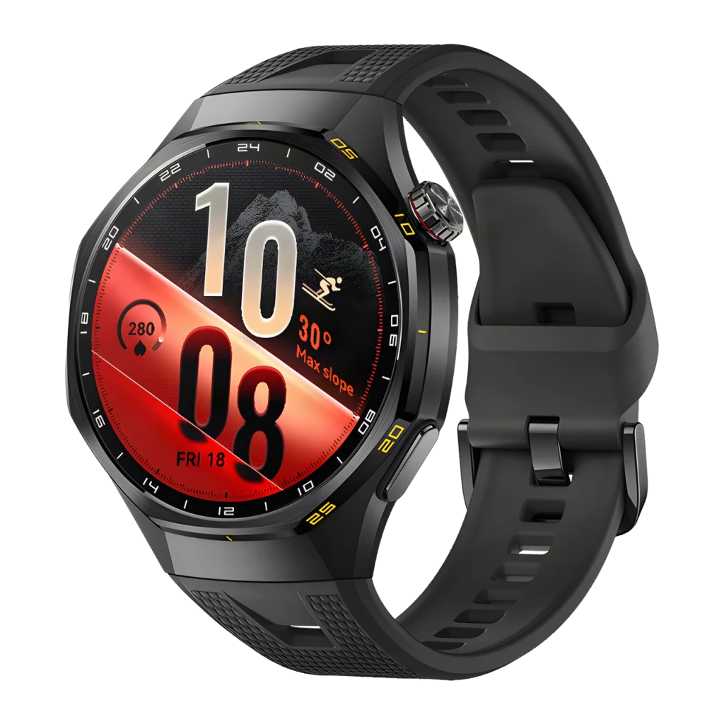 Huawei Watch GT7 Pro Noir bracelet fluoroélastomère, vue de face en angle: cadran rond rouge avec données ski, couronne