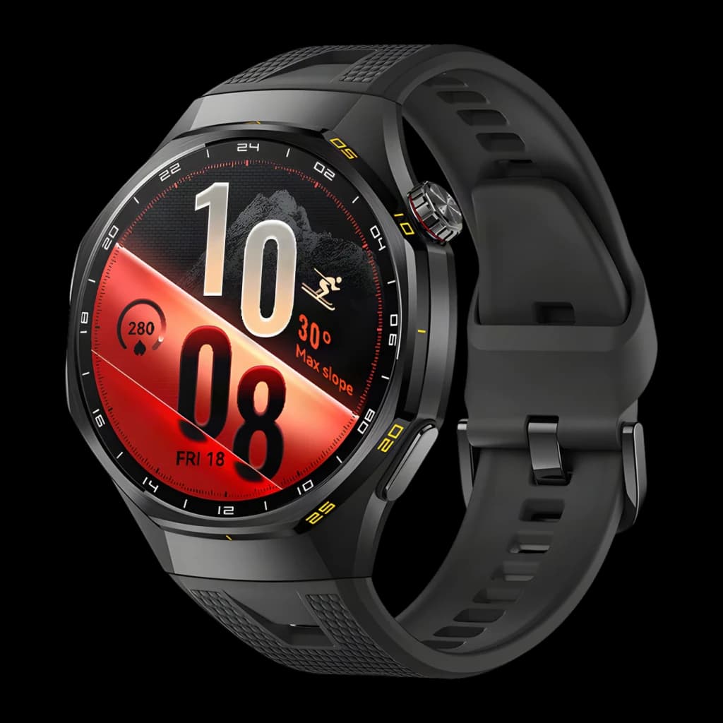 Huawei Watch GT7 Pro Noir bracelet fluoroélastomère, vue de face en angle: cadran rond rouge avec données ski, couronne