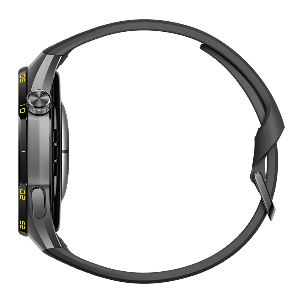 Huawei Watch GT7 Pro noir bracelet fluoroélastomère, vue latérale: couronne rotative, boutons et repères jaunes