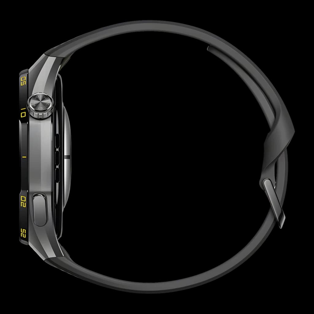 Huawei Watch GT7 Pro noir bracelet fluoroélastomère, vue latérale: couronne rotative, boutons et repères jaunes