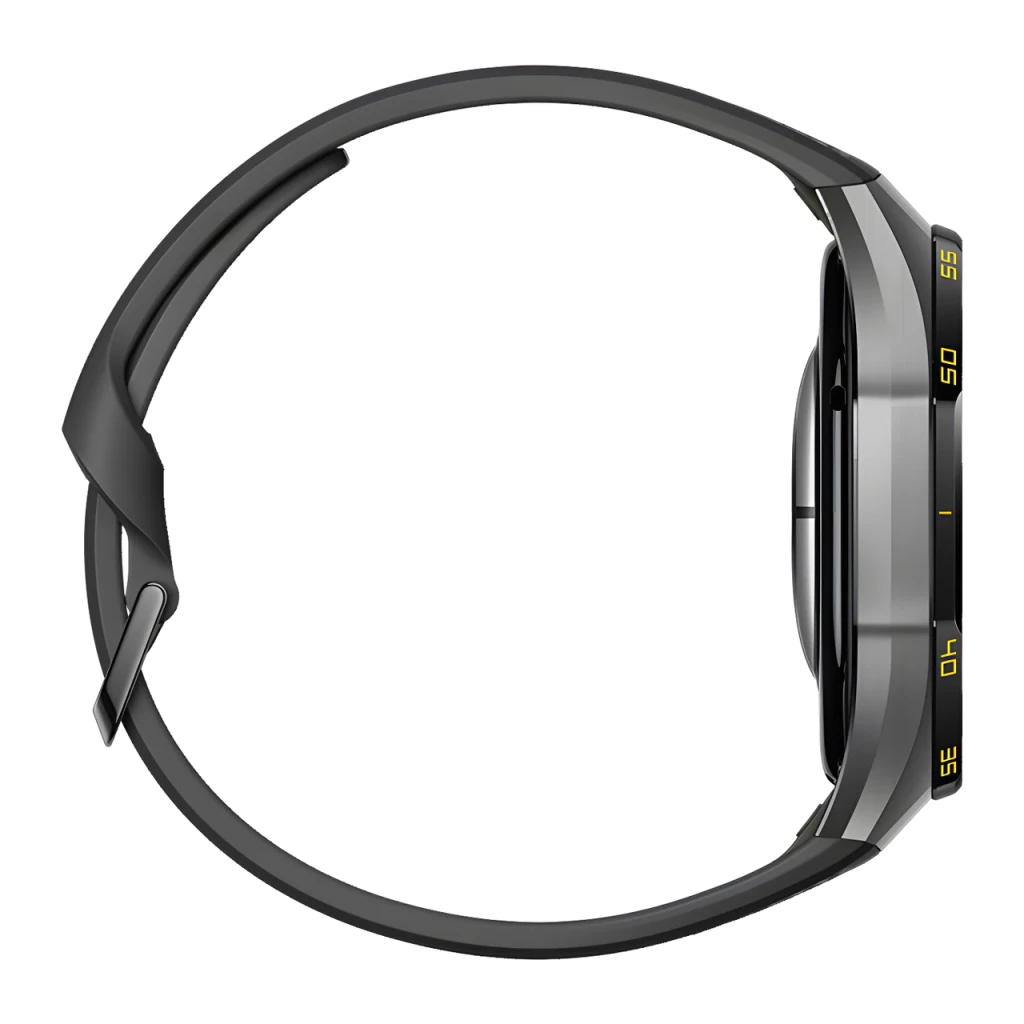 Huawei Watch GT7 Pro Noir, vue latérale: couronne avec repères jaunes, boîtier métallique et bracelet fluoroélastomère noir