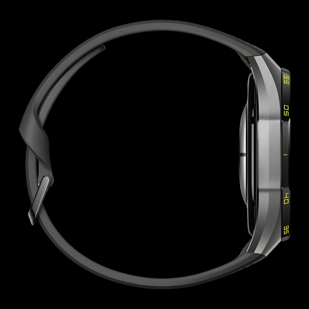 Huawei Watch GT7 Pro Noir, vue latérale: couronne avec repères jaunes, boîtier métallique et bracelet fluoroélastomère noir
