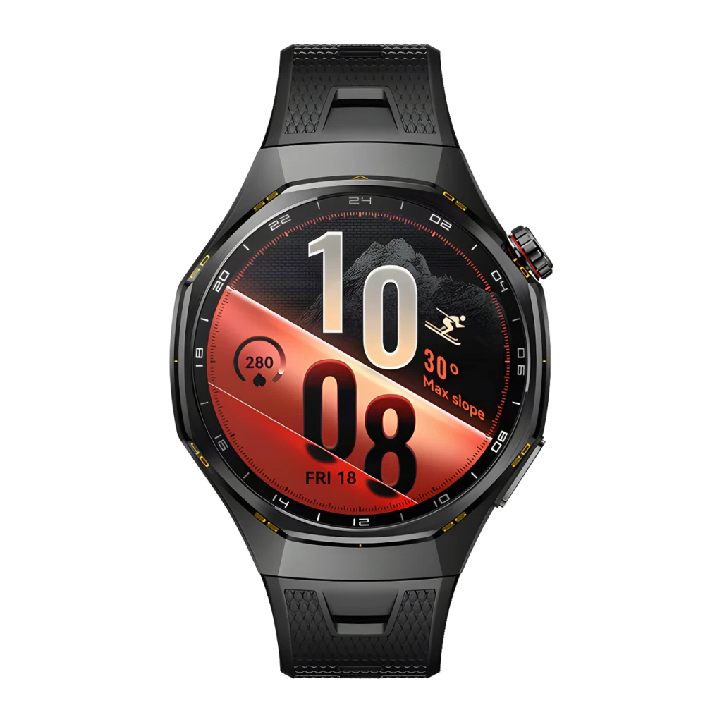 Huawei Watch GT7 Pro noir, vue de face: cadran rouge avec heure, pente maximale et bracelet fluoroélastomère noir