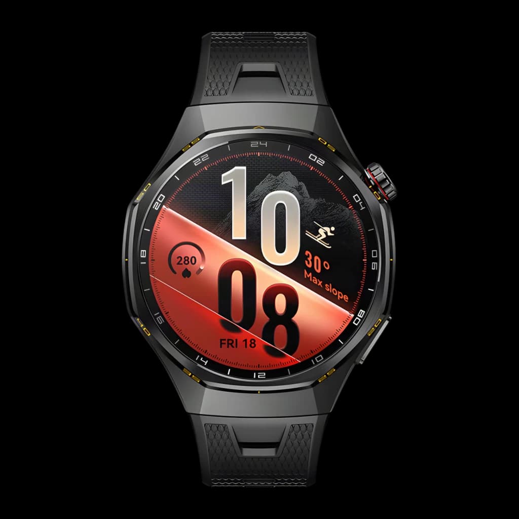 Huawei Watch GT7 Pro noir, vue de face: cadran rouge avec heure, pente maximale et bracelet fluoroélastomère noir