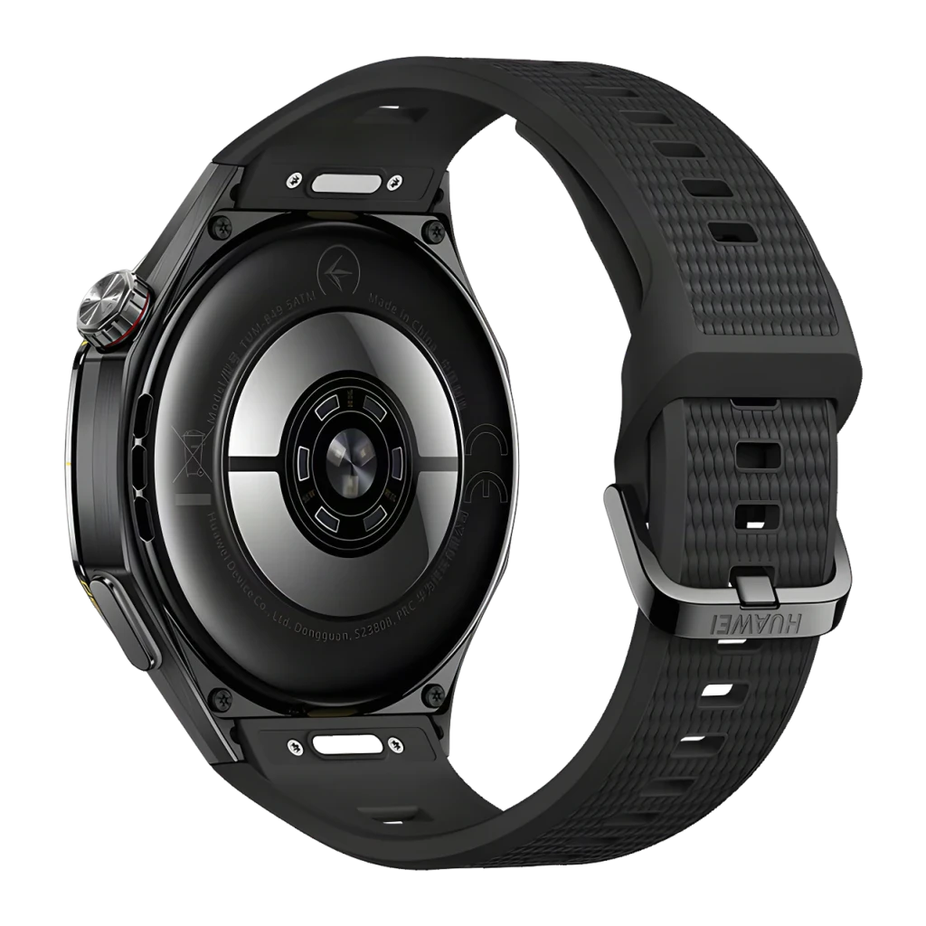 Huawei Watch GT7 Pro Noir bracelet fluoroélastomère, vue arrière: capteur de santé circulaire, boucle métallique et bracelet