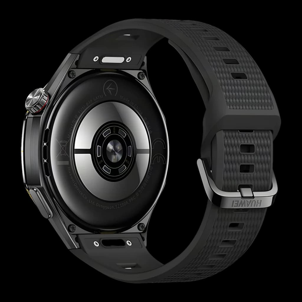 Huawei Watch GT7 Pro Noir bracelet fluoroélastomère, vue arrière: capteur de santé circulaire, boucle métallique et bracelet