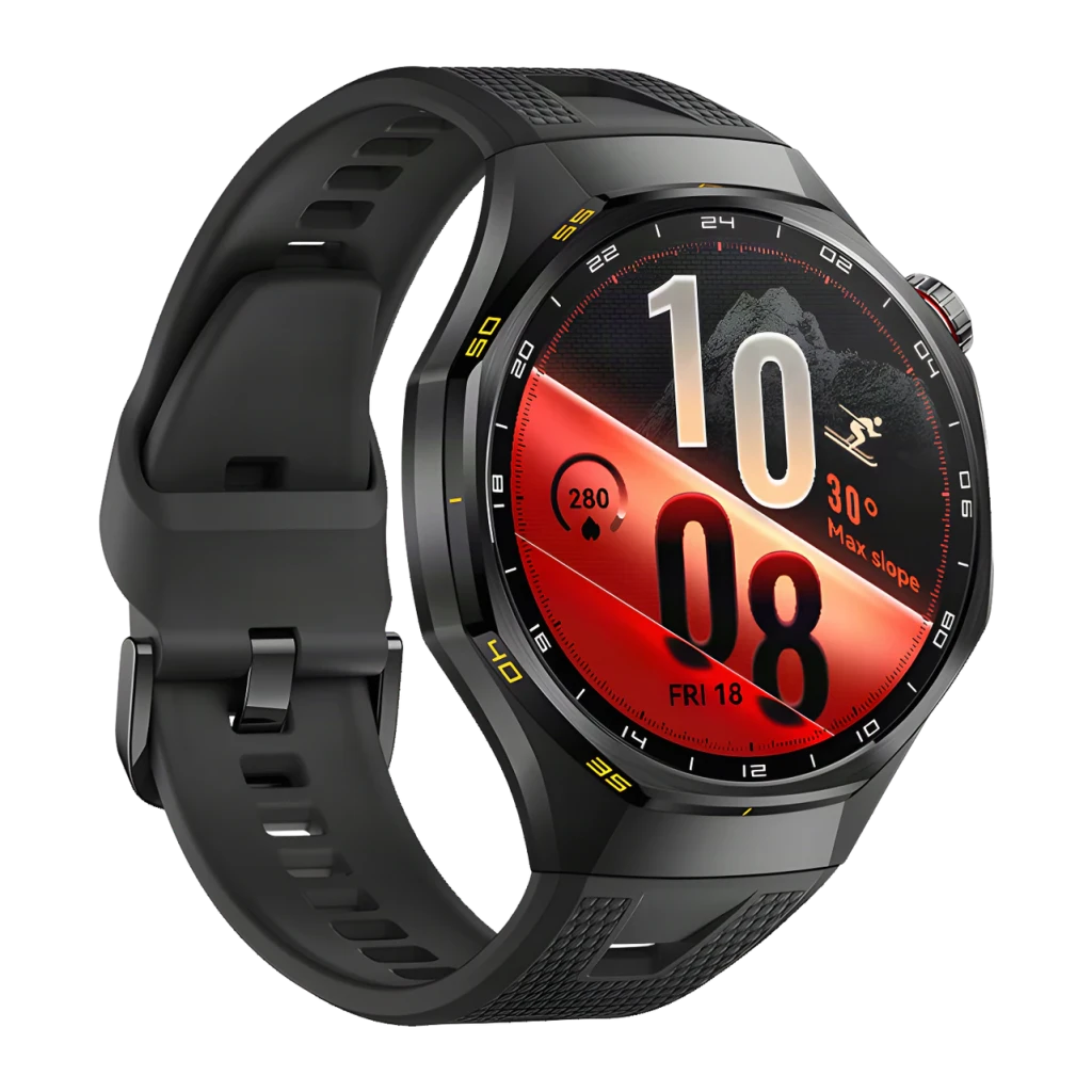 Huawei Watch GT7 Pro Noir bracelet fluoroélastomère, vue en angle: cadran sport rouge avec heure, pente maximale et bracelet