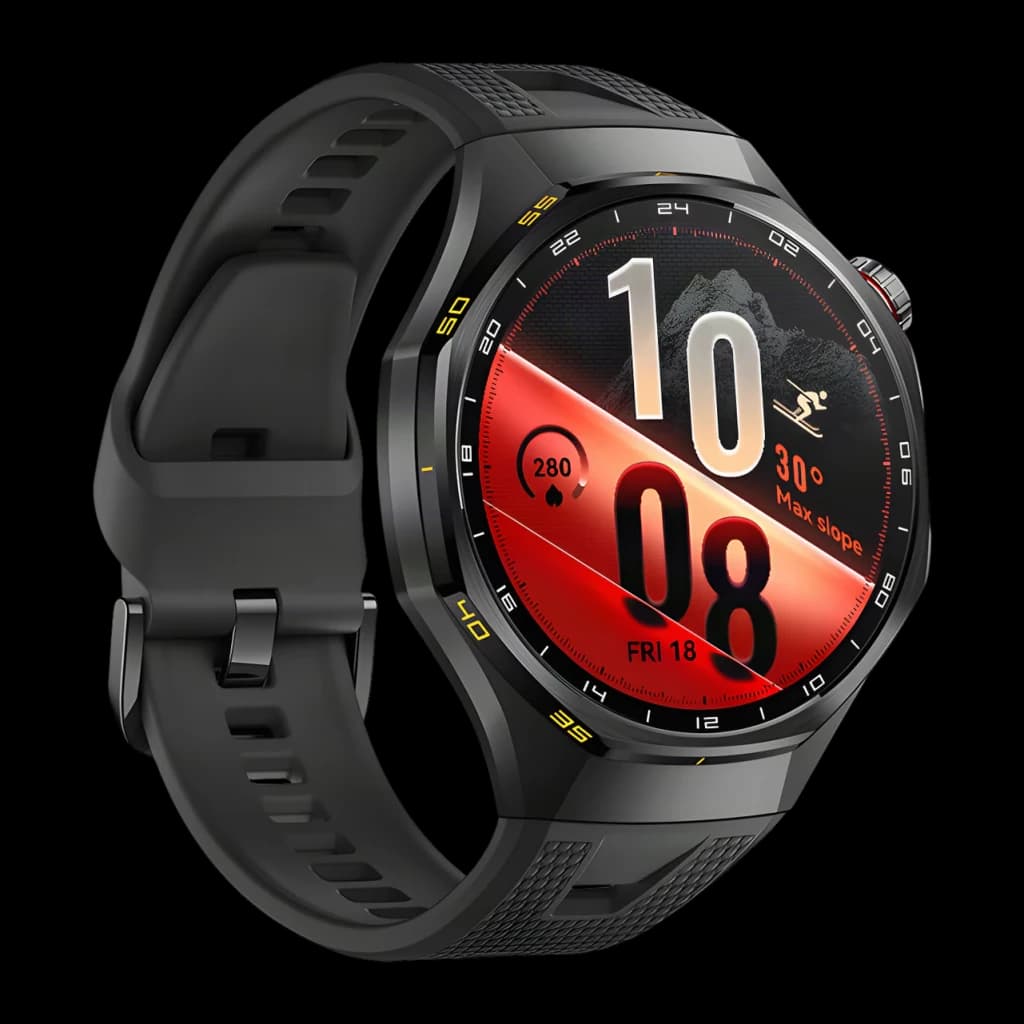 Huawei Watch GT7 Pro Noir bracelet fluoroélastomère, vue en angle: cadran sport rouge avec heure, pente maximale et bracelet