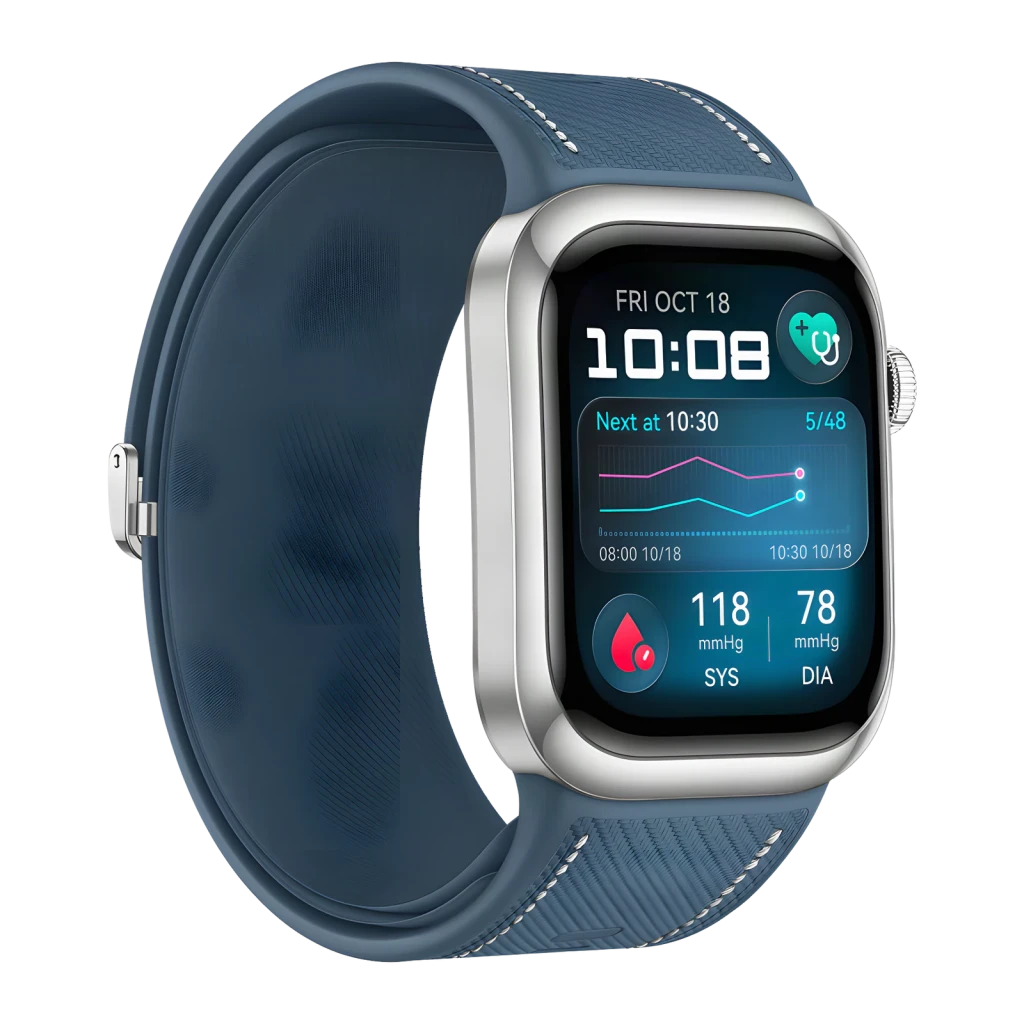 Huawei Watch D2 Azul NFC, vista em ângulo: ecrã com pressão arterial 118/78 mmHg e bracelete azul texturizada