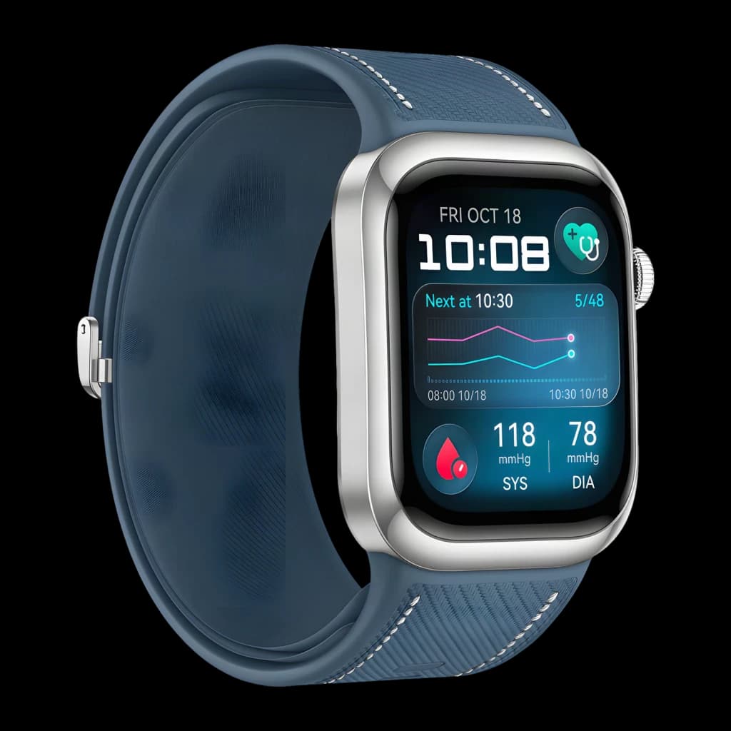 Huawei Watch D2 Azul NFC, vista em ângulo: ecrã com pressão arterial 118/78 mmHg e bracelete azul texturizada