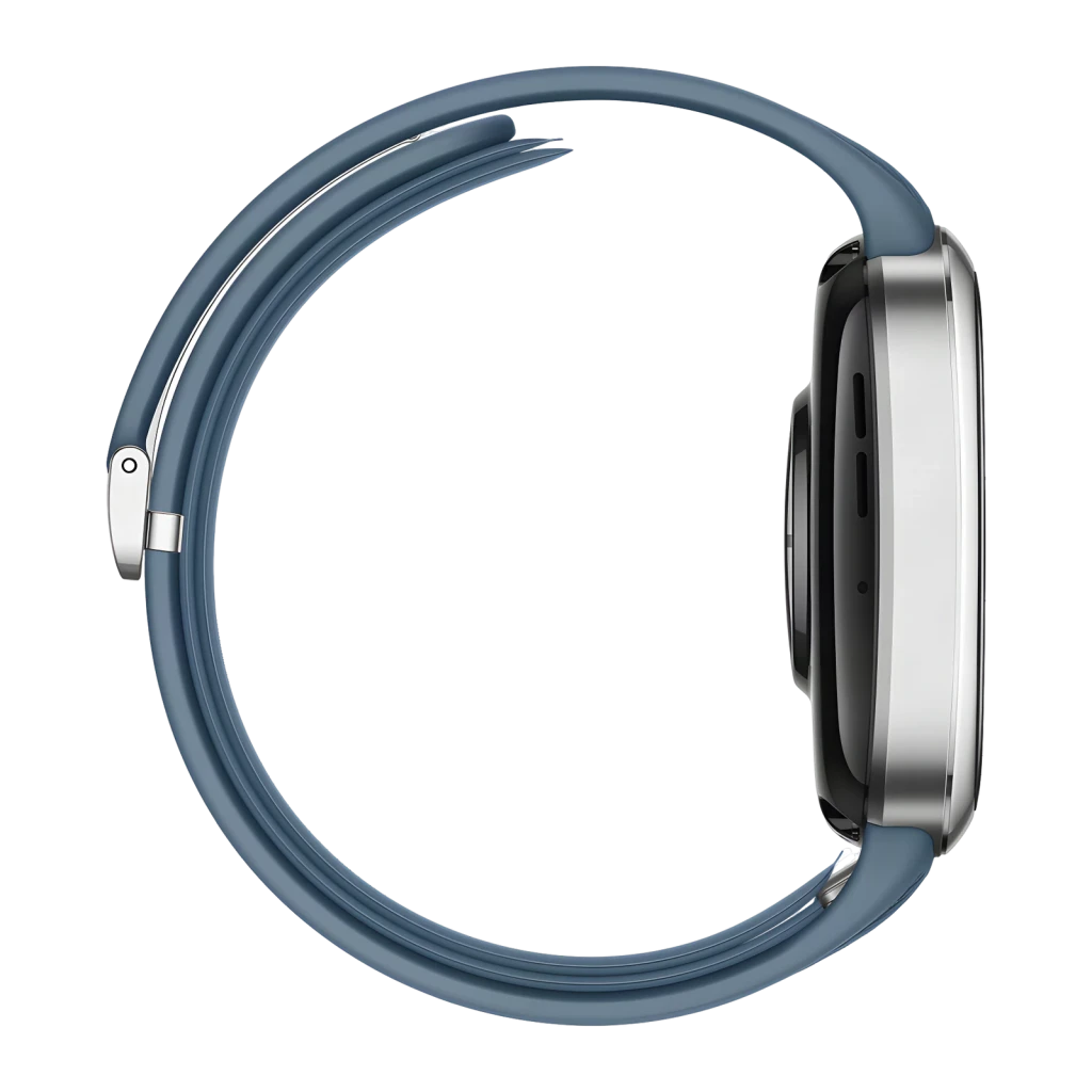 Huawei Watch D2 Azul NFC, vista lateral: caixa prateada com coroa e bracelete azul enrolada sobre fundo preto