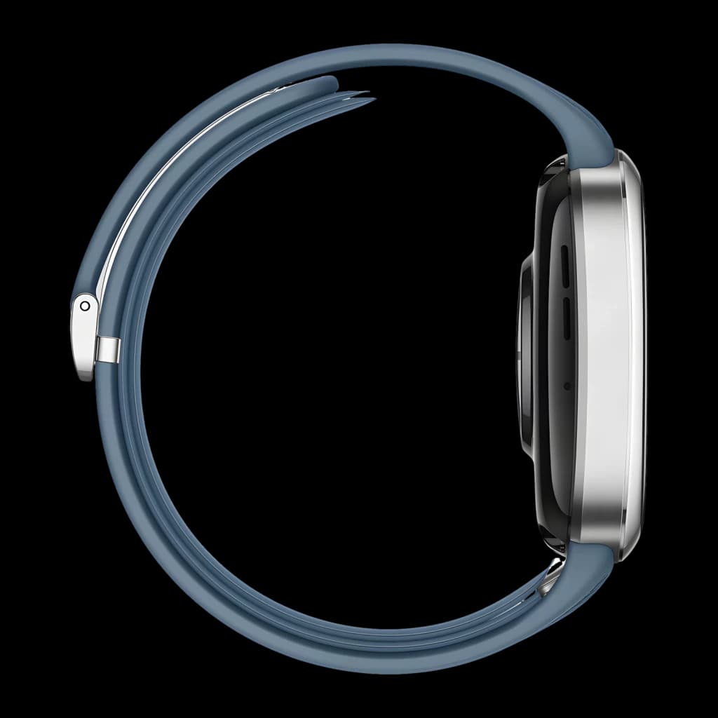 Huawei Watch D2 Azul NFC, vista lateral: caixa prateada com coroa e bracelete azul enrolada sobre fundo preto