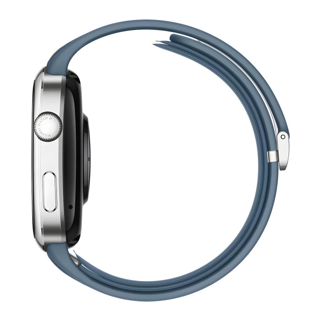 Huawei Watch D2 Azul NFC, vista lateral: coroa giratória, botão e bracelete azul de silicone em fundo preto