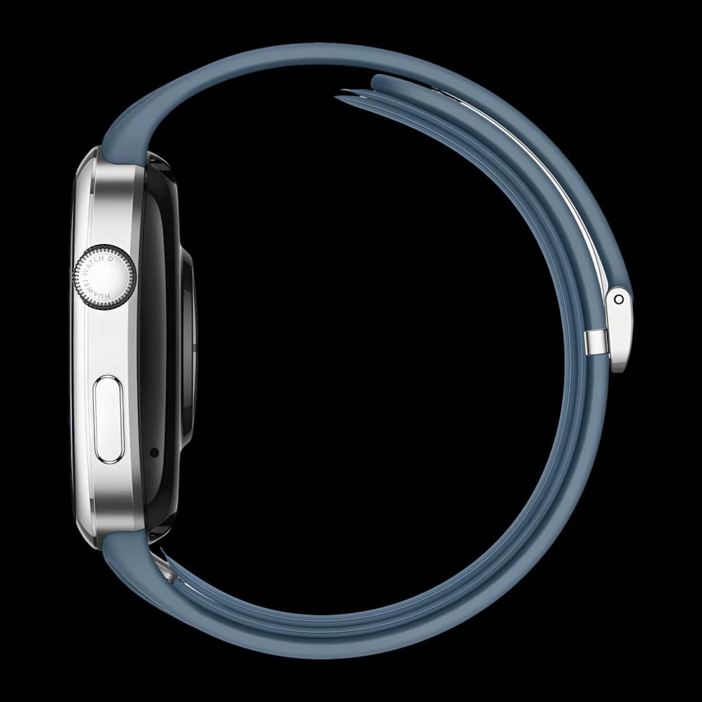 Huawei Watch D2 Azul NFC, vista lateral: coroa giratória, botão e bracelete azul de silicone em fundo preto