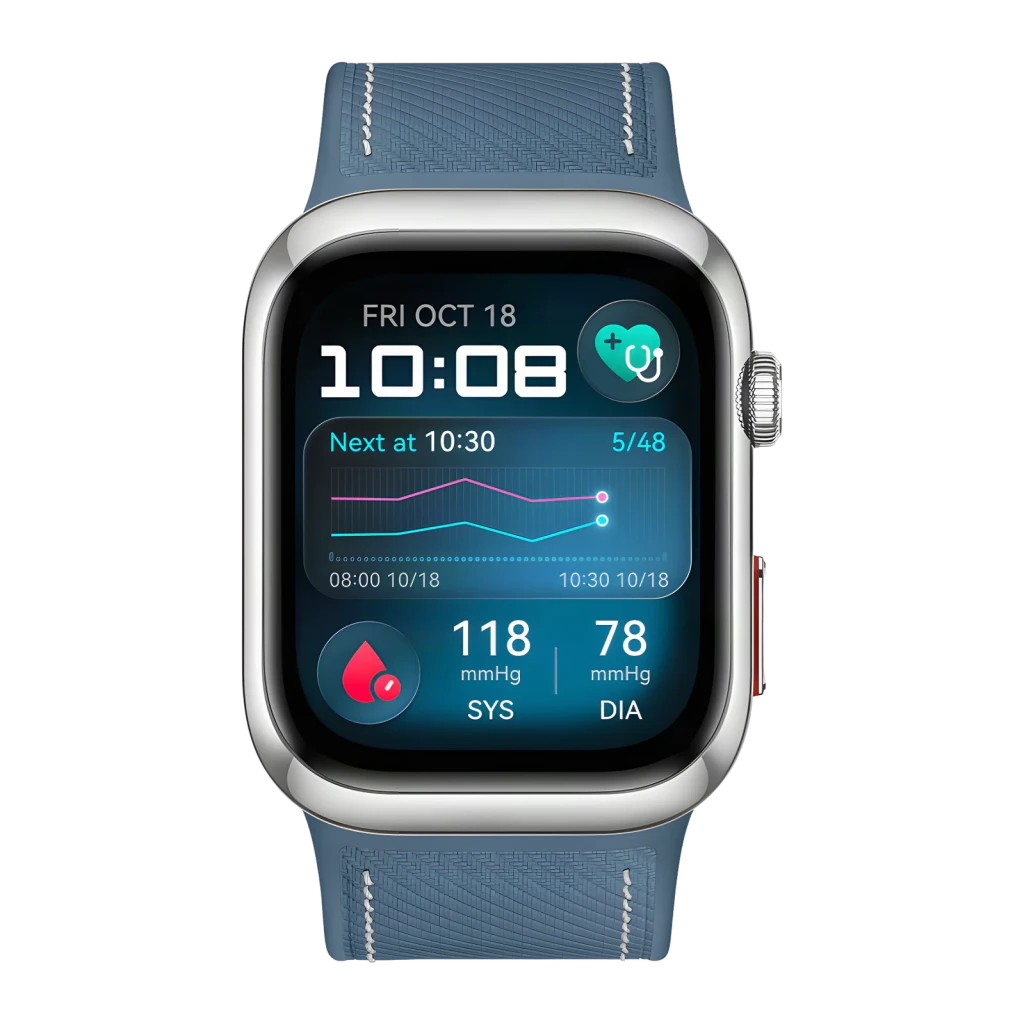 Huawei Watch D2 Azul NFC, vista frontal: ecrã com pressão arterial SYS 118 DIA 78 mmHg e bracelete azul texturizada