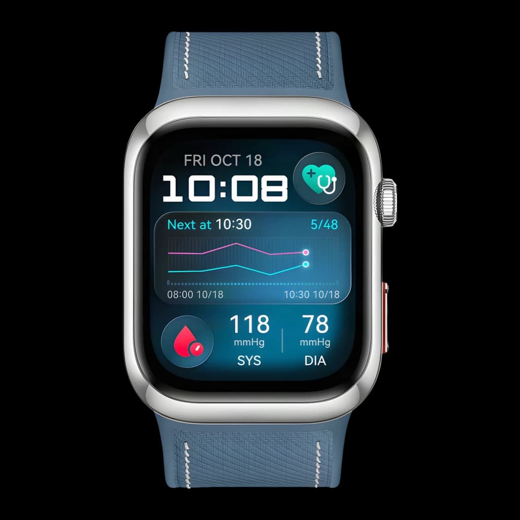 Huawei Watch D2 Azul NFC, vista frontal: ecrã com pressão arterial SYS 118 DIA 78 mmHg e bracelete azul texturizada