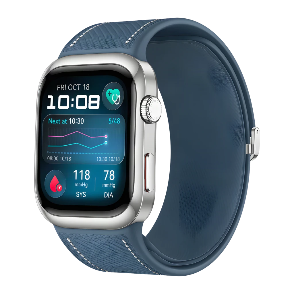 Huawei Watch D2 Azul NFC, vista em ângulo: ecrã com pressão arterial SYS 118 DIA 78, coroa e bracelete azul texturizada