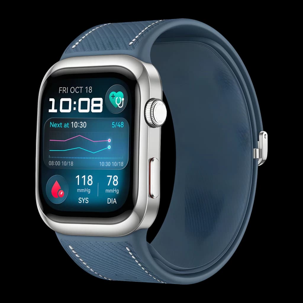 Huawei Watch D2 Azul NFC, vista em ângulo: ecrã com pressão arterial SYS 118 DIA 78, coroa e bracelete azul texturizada