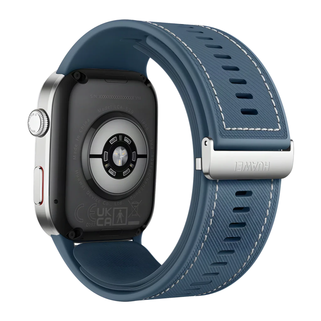 Huawei Watch D2 Azul NFC, vista traseira: sensor de saúde, caixa prateada e bracelete azul com fivela Huawei