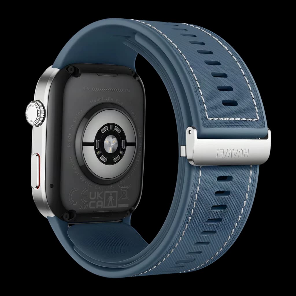 Huawei Watch D2 Azul NFC, vista traseira: sensor de saúde, caixa prateada e bracelete azul com fivela Huawei