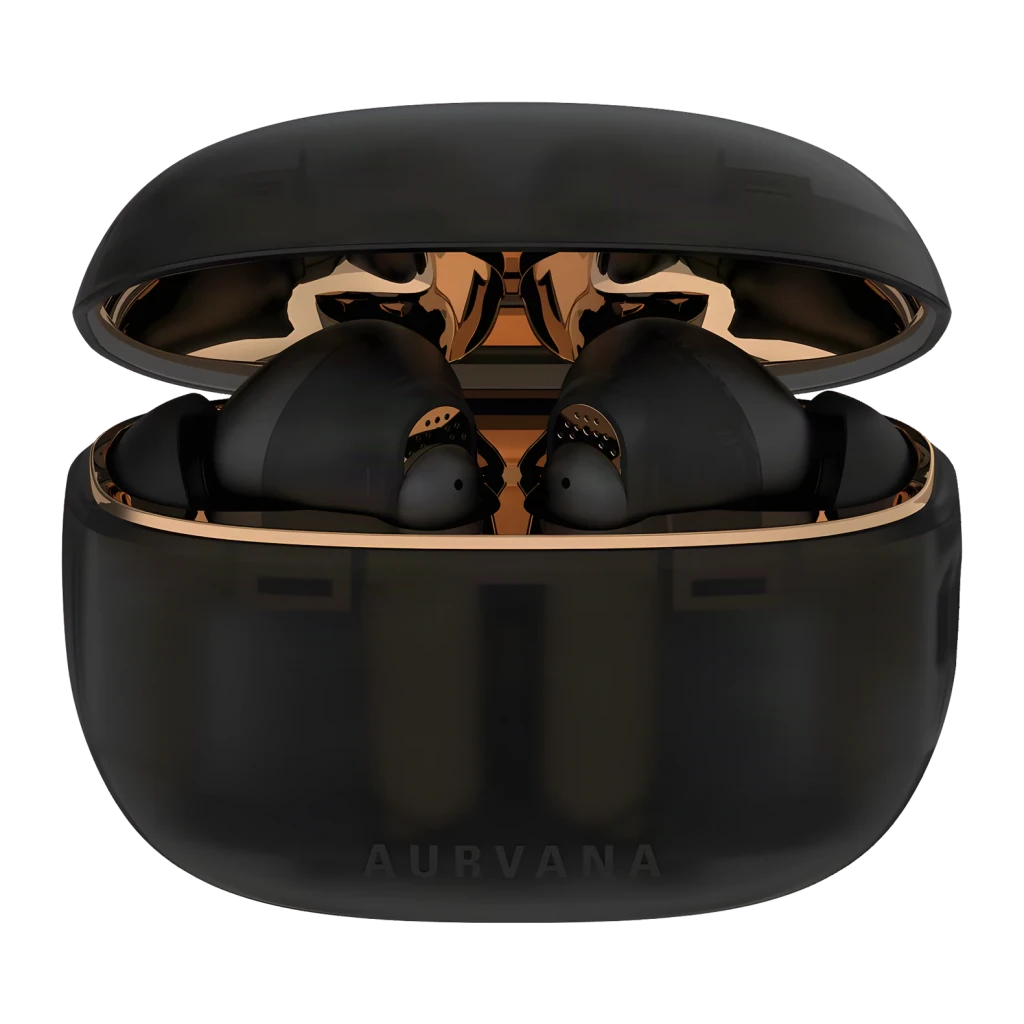 Auriculares Creative Labs Aurvana Ace 2 Cancelamento de Ruído TWS Bluetooth 5.3 Preto, estojo aberto: interior dourado
